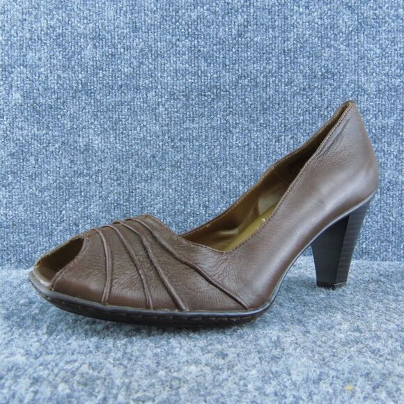 GNW Audrina Women Peep‎ Toe Heel Shoes Brown Leather Size 9 Medium - Picture 1 of 10
